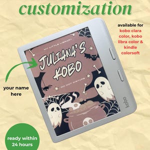 May include: A light grey e-reader displaying a custom lock screen with the text 'MY LITTLE LIBRARY', 'JULIANA'S KOBO', and 'DO NOT DISTURB'. The screen features a Halloween-themed illustration with ghosts, a cauldron, spiderwebs, and bats.