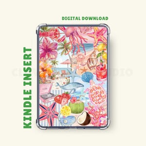 May include: A Kindle Insert featuring a vibrant watercolor design with a beach theme. The design includes illustrations of a beach scene, starfish, seashells, a turtle, and tropical flowers. The text "DIGITAL DOWNLOAD" is visible at the top.