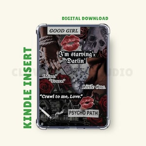 Könnte beinhalten: Kindle-Insert mit einem Collage-Design mit roten Rosen, einem Totenkopf und verschiedenen Textelementen wie "GOOD GIRL" und "PSYCHO PATH". Der Einsatz hat einen transparenten Rand und ein grünes "KINDLE INSERT"-Etikett auf der linken Seite.