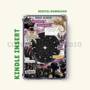 May include: Kindle insert featuring a collage design with the text "Zodiac Academy." The design includes zodiac symbols, a dragon, and various quotes. The insert is in a clear case with the words "Kindle Insert" printed vertically on the left.