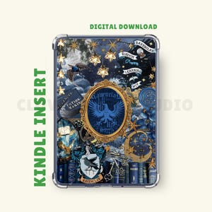 May include: A Kindle insert featuring a collage of Ravenclaw imagery. The design includes a blue and gold oval frame with a Ravenclaw crest, stars, books, and the words "Wisdom," "Learning," and "Wit." The background is a dark blue with a starry night theme.