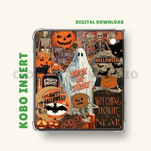 Könnte beinhalten: Ein Halloween-Kobo-Einsatz mit einer Collage aus Vintage-Illustrationen. Das Design umfasst Kürbisse, Skelette, Fledermäuse und einen Geist mit den Worten "Trick or Treat". Der Einsatz enthält auch den Text "Digitaler Download."