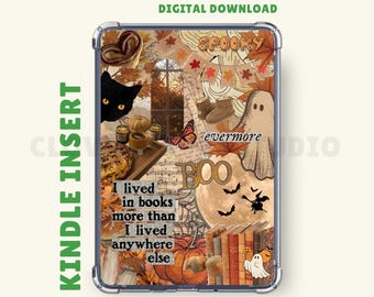 May include: Kindle insert with a collage of fall and Halloween-themed images. The design includes pumpkins, a black cat, a ghost, and the text "I lived in books more than I lived anywhere else." The words "Digital Download" are at the top.