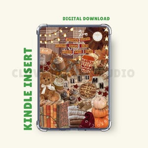 May include: A digital Kindle insert featuring an autumn-themed collage with a brown teddy bear, stacked books, pumpkins, a pumpkin spice cup, a pie, and folded sweaters. Text reads: Autumn leaves falling down like pieces into place and Autumn.