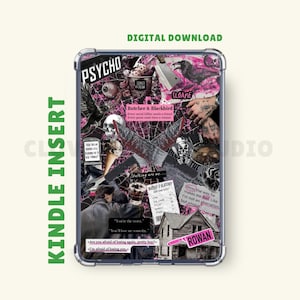 Può includere: Inserto per Kindle con un design a collage con i testi "PSYCHO" e "Butcher & Blackbird". Il design include immagini di un corvo, un teschio, un coltello e altri elementi in nero, bianco e rosa. Sono visibili anche le parole "DOWNLOAD DIGITALE".