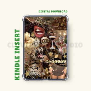 Könnte beinhalten: Kindle-Insert mit einer Collage aus Bildern, darunter ein Leopard, rote Lippen, ein Cocktail und das Wort "DARLING". Der Einsatz hat einen transparenten Rahmen und die Worte "KINDLE INSERT" und "DIGITALER DOWNLOAD" sind sichtbar.