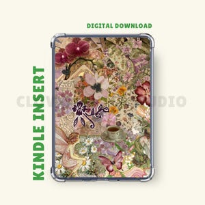 Pode incluir: Inserção para Kindle com um design de colagem de flores, borboletas e uma fada. A inserção tem uma borda transparente e as palavras "Kindle Insert" e "Digital Download" são visíveis. O design usa tons de rosa, roxo e verde.