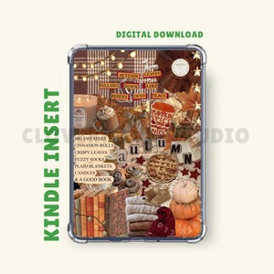 Pode incluir: Inserção para Kindle com uma colagem com tema de outono. O design inclui abóboras, livros, velas e texto que diz "Autumn Leaves" e "Pumpkin Spice". A inserção é um download digital.