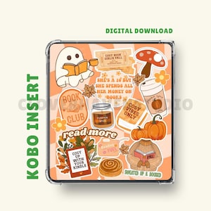 May include: A Kobo insert with autumn-themed stickers. The stickers include a ghost reading, a pumpkin spice latte, pumpkins, and the text "Cosy Vibes Only." The background is orange with a plaid pattern.