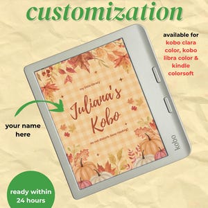 May include: A silver Kobo e-reader displaying a digital lock screen with a fall-themed background featuring orange pumpkins, autumn leaves, and a light orange gingham pattern. The text reads: my little library, Juliana's Kobo, and do not disturb...busy reading!
