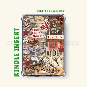 以下が含まれることがあります： カウボーイ、音符、トランプ、星、そして「Cowgirl Way」、「Rodeo」、「Yee Haw」という言葉が特徴の、ウェスタンをテーマにしたコラージュデザインのKindleインサート。インサートは透明なケースに入っています。