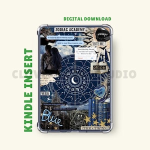 Può includere: Un inserto Kindle con un design collage celeste blu e bianco. Il design include simboli zodiacali e testo che recita "Zodiac Academy", "Bite Me" e "Blue". L'inserto è un download digitale.