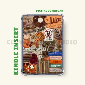 Może przedstawiać: Wkładka do Kindle z kolażem obrazów i tekstu o tematyce jesiennej. Projekt zawiera dynie, ciasto, filiżanki do kawy oraz słowa "Luke's Gilmore Girls" i "Stars Hollow". Wkładka jest do pobrania cyfrowo.