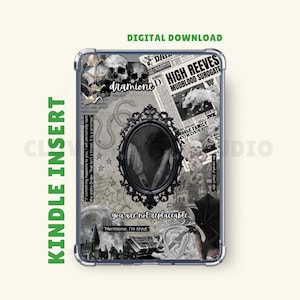 May include: Kindle insert with a gothic collage design, including skulls, newspaper cuttings, and an oval mirror. Text includes "dramione," "High Reeves Mudblood Surrogate," and "you are not replaceable." A digital download.