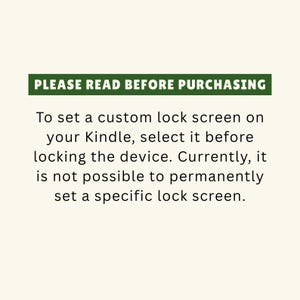 May include: A cream-colored background with text. A green rectangular banner at the top reads "PLEASE READ BEFORE PURCHASING." Below, text explains how to set a custom Kindle lock screen, and notes that permanent settings are not possible.