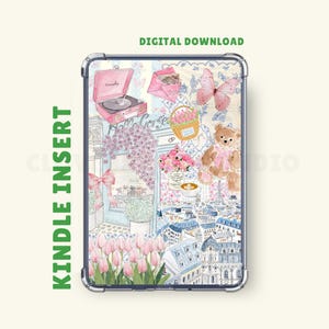 May include: Kindle Insert with a whimsical design featuring a pink record player, butterflies, a teddy bear, and a Parisian cityscape. The insert has the words "Digital Download" and "Kindle Insert" printed on it.