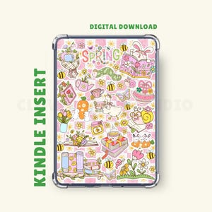 May include: Kindle insert with a spring-themed design. The insert features a pink and white checkered background with various illustrations, including bees, flowers, bunnies, and the word "SPRING". The words "DIGITAL DOWNLOAD" and "KINDLE INSERT" are also visible.