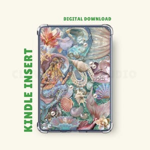 May include: Kindle Insert featuring a mermaid illustration with seashells, pearls, and floral accents. The design includes a mermaid with flowing blonde hair, surrounded by a variety of sea elements. Text reads "Kindle Insert" and "Digital Download".