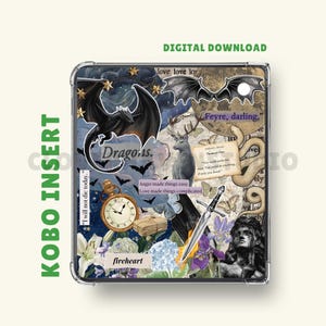 May include: A digital download Kobo insert featuring a collage design with a dragon, deer, butterflies, and a sword. The design includes text that reads "Dragons," "fireheart," and "I will not die today." The background is a mix of blue, white, and gold.