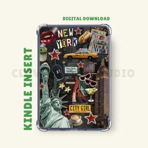 Könnte beinhalten: Kindle-Insert mit einer Collage von New York City-Symbolen. Enthält die Freiheitsstatue, ein gelbes Taxi, das Empire State Building und die Wörter "New York" und "City Girl". Digitaler Download.
