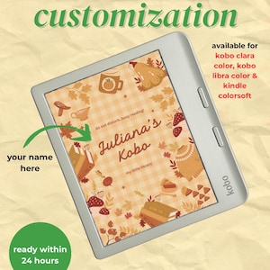 Pode incluir: Um leitor de e-books prateado com um ecrã que apresenta um gráfico de bloqueio personalizado com tema de outono. O ecrã apresenta o texto Juliana's Kobo, my little library e do not disturb..busy reading, rodeado por ilustrações de abóboras, livros e folhas.