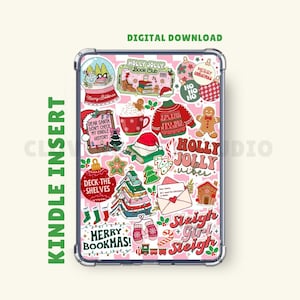 May include: A clear Kindle insert with a pink background and a variety of Christmas-themed stickers. The stickers include a snow globe, a gingerbread man, a Christmas sweater, and the text "Holly Jolly Vibes". The words "Kindle Insert" are printed vertically on the left.