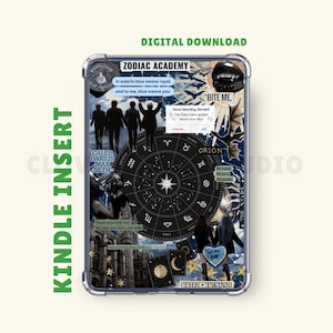Könnte beinhalten: Eine transparente Kindle-Hülle mit einem Collage-Design. Das Design enthält den Text "Zodiac Academy", Silhouetten von Personen, Tierkreiszeichen und die Worte "Bite Me". Der Einsatz hat einen grünen Rand mit den Worten "Kindle Insert" und "Digital Download".