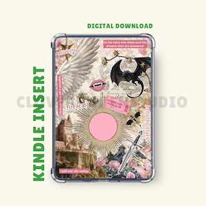 May include: Kindle insert with a collage design featuring a castle, a dragon, angel wings, a sword, and the text "DIGITAL DOWNLOAD". The insert has a pink circle in the center and the words "fireheart" and "ROMANTASY BOOK CLUB".