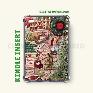 May include: A Kindle insert featuring a festive Christmas collage. The design includes a Santa hat, Christmas tree, ornaments, and the text "Merry Christmas." The insert is a digital download.