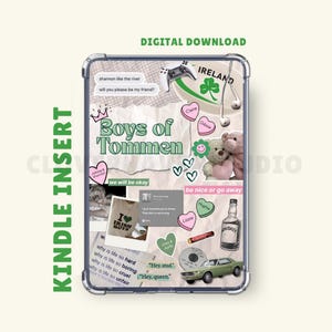 May include: Kindle insert featuring a collage design with the text "Boys of Tommen." The design includes images of a shamrock, teddy bears, a vintage car, and various text snippets. The words "Digital Download" are at the top.