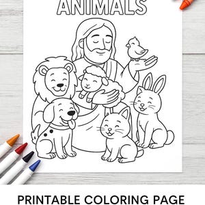 Christian Coloring Page – printable  “Jesus Loves Animals”– Faith-Based Kids Activity | Sunday School | Christian   | Bible Lessons