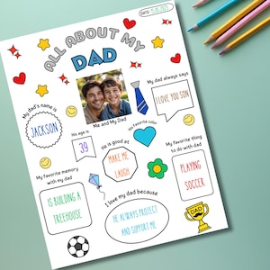 Alles over mijn vader afdrukbaar | Vaderdagvragenlijst | Vaderdagcadeaus voor kinderen | DIY-kleurkaart cadeau van kinderen