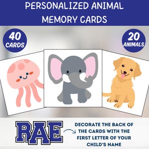 Aangepaste geheugenkaarten dierenversie | Gepersonaliseerde dierenherinneringsspel met initiaal van je kind | Direct downloaden