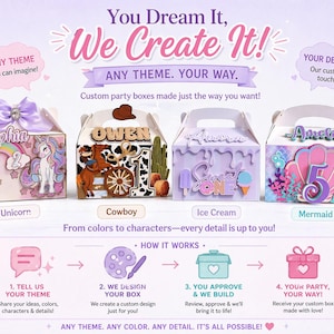 May include: Image of four custom party boxes with different themes: Unicorn, Cowboy, Ice Cream, and Mermaid. Each box has a handle and personalized details. Text reads "You Dream It, We Create It!" and "Any Theme. Your Way."