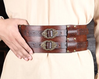 Leather Viking Belt, Renaissance Belt,  LARP Belt,  Medieval Belt,  Double Buckle Belt, Embossed Leather,  Adjustable Belt, Brown Belt