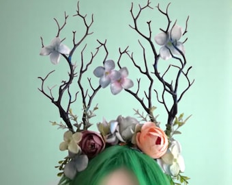 Fairy Forest Headband With Antlers, Nature Inspired Hair Accessory For Women, Whimsical Woodland Crown For Cosplay, Festivals, Gifts