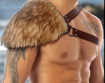 Leather Shoulder Armor,  Viking Pauldron,  LARP Shoulder Guard,  Medieval Costume,  Faux Fur,  Adjustable Straps,  Cosplay Accessory