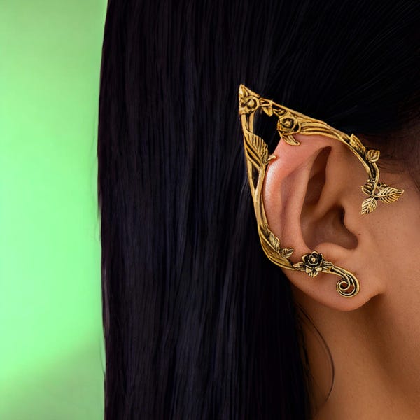 Pendiente de oreja encantado, adorno floral de hada para la oreja, clip de oreja con forma de hoja fantástica, joyería de cosplay para un look élfico, atuendo de boda, regalo único para ella.
