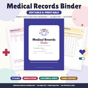 May include: A digital medical records binder organizer featuring a dark blue cover with a central white label, a medical clipboard icon, and the text Medical Records Binder. Includes pages for medication lists and health history.