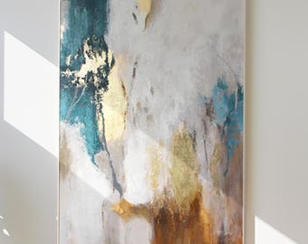 Pintura abstracta turquesa: lienzo grande enmarcado con pan de oro