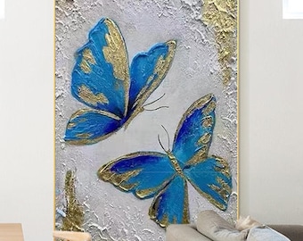 Dipinto a farfalla blu oro, dipinto su tela con texture 3D, grande arte murale, originale farfalla blu, arte murale d&#39;ingresso, decorazione del soggiorno