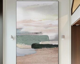 Arte murale beige verde salvia, dipinto su tela moderno astratto strutturato in 3D, decorazione minimalista grigio neutro marrone boho, decorazione per soggiorno