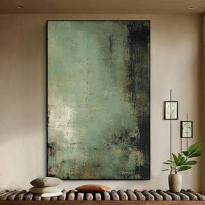 Sage Green Abstract Painting: Japandi Wabi Sabi Wall Art