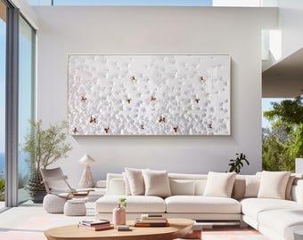 Arte de pared de mariposa de cuero, pintura abstracta en lienzo blanco y dorado, decoración moderna para dormitorio, cocina, sala de estar