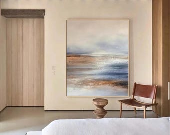 Abstract Ocean Painting: Blue & Brown Canvas Wall Art (Unframed)