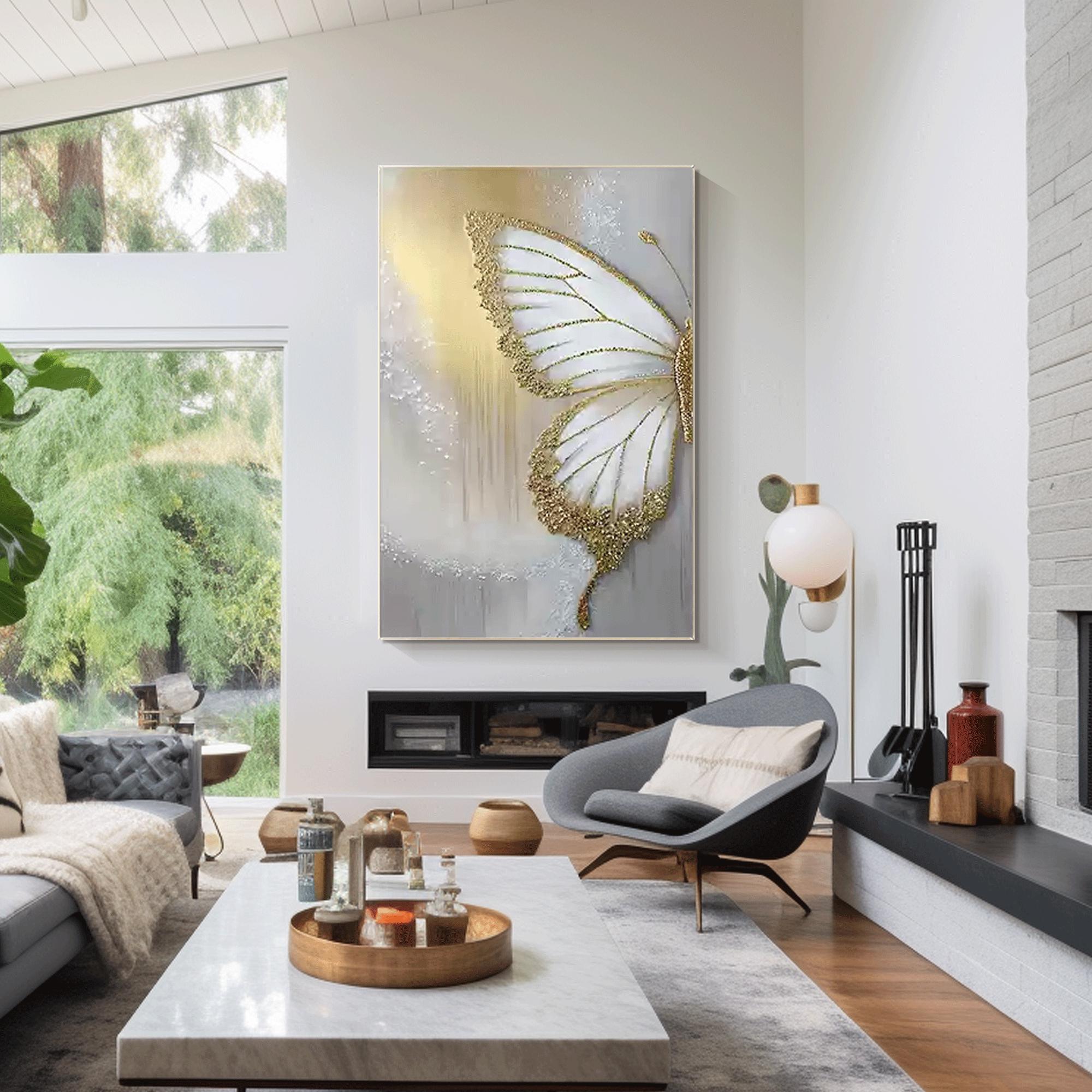 Arte murale a forma di farfalla dorata, dipinto astratto con glitter, decorazione da parete di grandi dimensioni con cornice per ingresso e soggiorno
