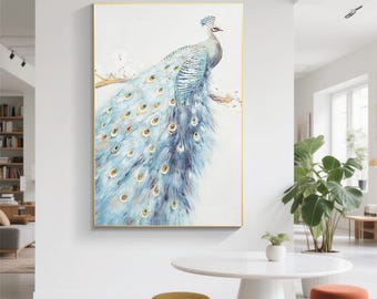 Arte murale con pavone, blu e oro, 3D, con texture, su tela extra large, arte murale con animali unici, arte murale per soggiorno
