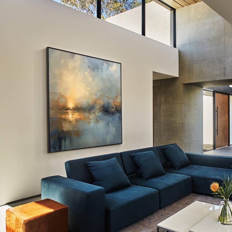 Bronze Navy Blue Abstract Art – Extra Large Framed Modern Canvas Painting for Living Rooms