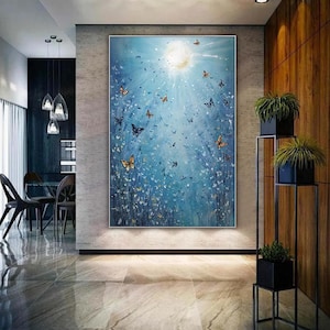 Blue abstract wall art Butterfly Painting 3D Textured canvas paining Large Wall Art Original flying Butterfly Art Living room decor