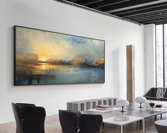Cuadro abstracto de puesta de sol sobre lienzo, pintura de crepúsculo dorado, decoración para sala de estar grande